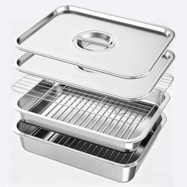 QURAS Grill Prep & Serve Tray Set with Lids, 5-Piece Food Prep System for Marinating, Carrying & Serving, Stainless Steel BBQ Trays for Raw & Cooked Food Separation (Rack Included)