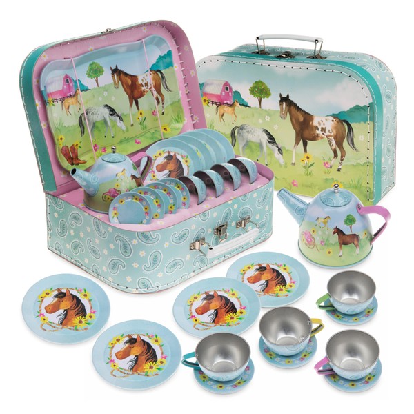 Jewelkeeper Toddler Toys Tea Set for Little Girls - 15 Pcs Tin Tea Set for Kids Tea Time Includes Teapot, 4 Tea Cup and Saucers Set & 4 Snack Plates , Horse Tea Party Set with Carrying Case