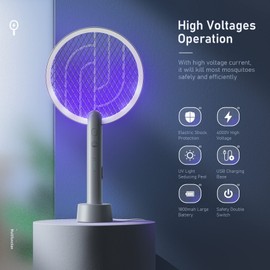 Electric Fly Swatter Racket, Mosiller 4000V 2 in 1 Bug Zapper with USB Rechargeable Base, Powerful Mosquitoes Trap Lamp & Fly Killer with 3-Layer Safety Mesh for Home, Indoor, Bedroom(Grey-1 Pack)