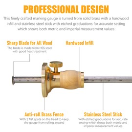 Wheel Marking Gauge Kit with 2 Extra Cutter Wheels, Anti Roll Brass Head with Hornbeam Wood Holder, Metric and Imperial Micro Adjuster Ruler, Woodworking Tools Scriber for Woodwork