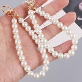 4 Pcs White Beads Wristlet Keychain,Faux Pearl Keychain Straps Beaded Keyring Lanyard Key Chain Holder Keychain Bag Accessories Purse Lanyard Strap