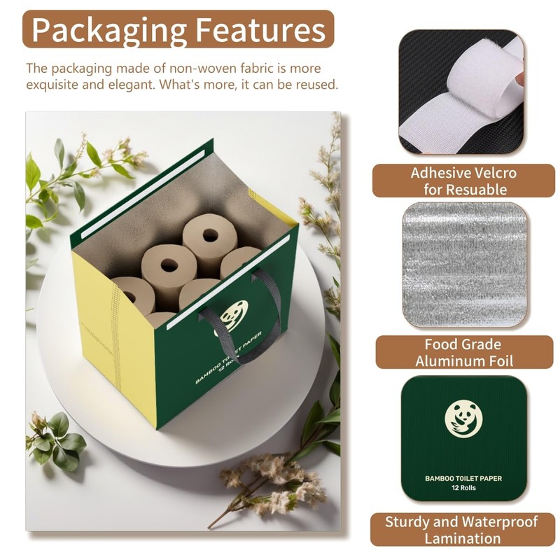 QingYa Bamboo Toilet Paper 12 Rolls, Resuable Packaging,New Plastic-Free,3 ply,