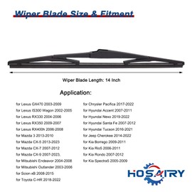 HOSAIRY Rear Windshield Wiper Blade for Jeep Cherokee 14-22, for Hyundai Accent 07-11 Santa Fe 2007-2012 Tucson 16-21, for Mazda 3 10-13 CX-5 CX-7 CX-9 Rear Wiper Blade, 14 inch (Pack of 1)