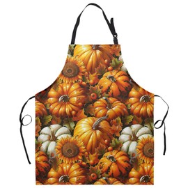 Fall Watercolor Pumpkins Aprons with Pockets Autumn Orange Sunflower Flowers Bib Apron with Adjustable Neck Thanksgiving Day Harvest Farmhouse Chef Cooking Apron for Women Men Dinner Baking BBQ