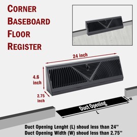 Fits 24" Baseboard Space | Corner Baseboard Register by Handua | Round Type Air Flow Design | 24" External Length Register Vent Cover Grill | Adjustable Lever for Air Flow Control | Black