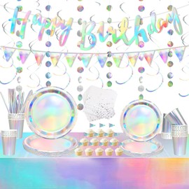 Obussgar Iridescent Party Decorations - Happy Birthday Banner, Triangle Pennant, Circle Dot Garland Streamer, Holographic Paper Plates, Foil Tablecloth, Straws - Holds 20 People