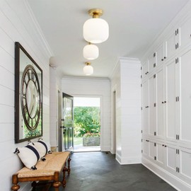 KCO Lighting Mid Century Modern Antique Brass Flush Mount Ceiling Light Brushed Gold Milk Glass Semi Flush Mount Ceiling Light Farmhouse Hallway Globe Ceiling Light Fixture