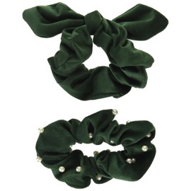 Mud Pie Women's Pearl Velvet Scrunchie Set, Green, One Size