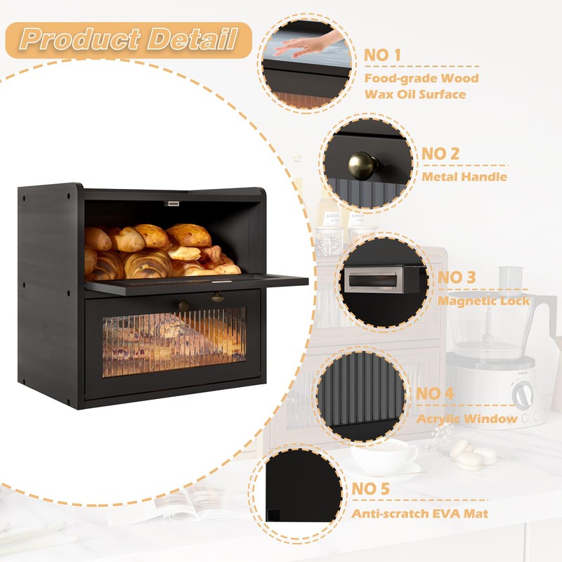 Alpeir Double Layer Large Bread Box for Kitchen Counter, Wooden