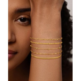 Gold Bracelets for Women, 14K Gold Plated Chunky Stackable Bracelet Set, Dainty Paperclip Chain Cuban Link Layered Non Tarnish Trendy Jewelry Gift for Women