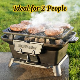 IronMaster Hibachi Grill Outdoor, Small Portable Charcoal Grill, Pre-Seasoned Cast Iron, Japanese Yakitori Camping Grill - 2 Heights, Air Control, Coal Door, Ideal for 2 People