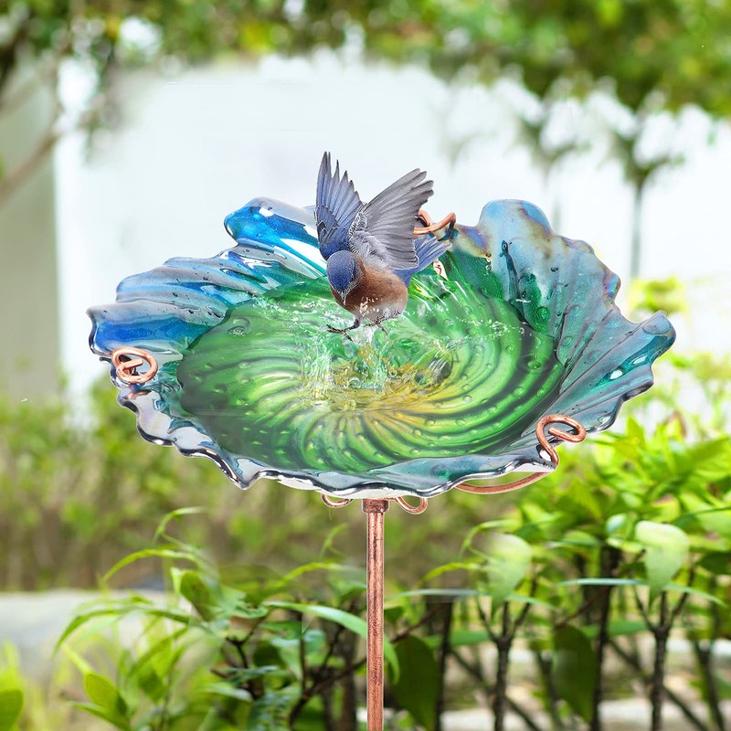 Glass Bird Bath Outdoor Birdbaths Garden Birdfeeder with Metal Stake