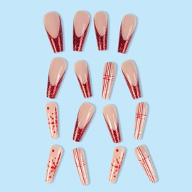 Christmas Press on Nails Long Coffin MABKJLF French Tip Fake Nails Red Full Cover Snow Swirl False Nails with Designs Glitter Glossy Glue on Nails Manicure Artificial Nails for Women Girls 24Pcs