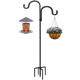 Double Shepherds Hook for Outdoor,94 Inch Bird Feeder Pole with 5 Prongs Base,Adjustable Heavy Duty Garden Hanging Holder for Hanging Plant,Solar Light,Weddings Decor,Hummingbird Feeder（1 Pack）