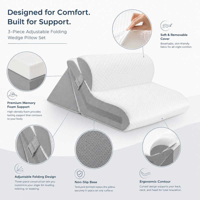 3-Piece Adjustable Wedge Pillow Set for Elevated Rest – Folding