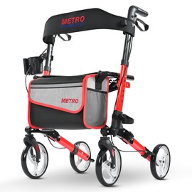 Metro Mobility Rollator Walker with Seat for Seniors, Foldable Lightweight Rolling Walker, 8" Big Wheels for All Terrain, 300 lb. Weight Capacity, Red