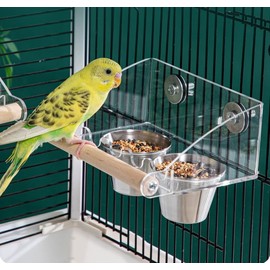 Seed Catcher Bird Feeder No Mess - Dual Bowl Cage Mount with Clear Acrylic, Wood Perch & Removable Cups - for Small Birds（ Budgies, Finches, Canaries, Parrotlets, Cockatiels）