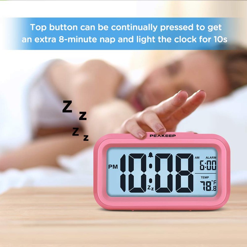 Peakeep Night Light Alarm Clock Battery Operated with Indoor Temperature,