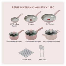 T-Fal Refresh Ceramic Nonstick Cookware Set, 12-Piece, Made without PFOA and PTFE, Oven and Broiler Safe up to 350°F, Includes Stockpot, Griddle, Frying Pans, and Utensils, Pots and Pans, Dusty Rose