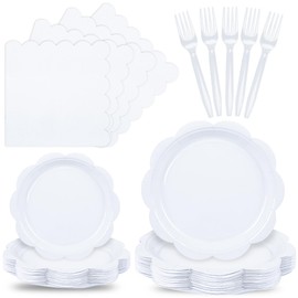 Houuqe 96 Pcs White Paper Plates and Napkins Set Party Supplies, Tableware set for 24 Guest include Disposable White Scalloped Plates, Napkins and Forks for Baby Shower Bridal Shower Wedding