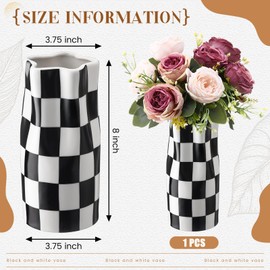 Ninehaoou Black and White Checkered Vase Small 8 Inch Height Modern Checkered Decor Ceramic Black and White Flower Shaped Decorative Vase for Office, Bedroom, Home Decor