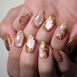 Gold Press on Nails Short Almond Fake Nails whit 3D Gold Flower Design Stick on Nails Cay Eye Glossy False Nails Shiny Acrylic Glue on Nails for Women Nails Art Decoration 24Pcs