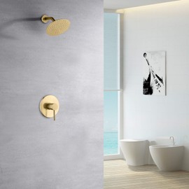 sumerain Shower Faucet Set Brushed Gold, Anti-scald Pressure Balance Valve, 8 Inches Extra-thin Rain Shower Head, with Non-return Check Valves