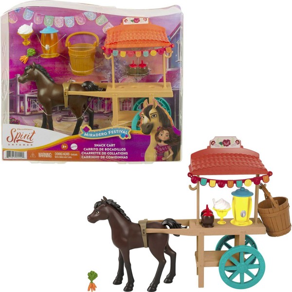 Mattel Spirit Untamed Miradero Snack Cart with Rolling Wheels, Canopy, 5-in Pony & Related Accessories, Great Gift for Ages 3 & Up , Pink