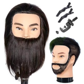 Male Mannequin Head with Beard 100% Real Human Hair Haircut Training Head for Cosmetology Manikin Head Doll Head with Stand Practice Cutting Styling,Barber Shop,Cosmetology School