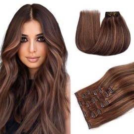 Belaved Clip in Human Hair Extensions 70g 14 Inch 7pcs Dark Roasted Coffee&Caraamel Brown 100% Real Human Hair Handmade Soft Natural Straight Remy Human Hair for Women #2P30