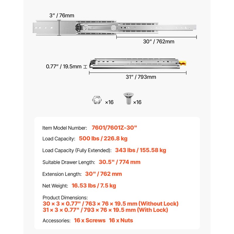 VEVOR Heavy Duty Drawer Slides, 1 Pair 30inch Locking Drawer