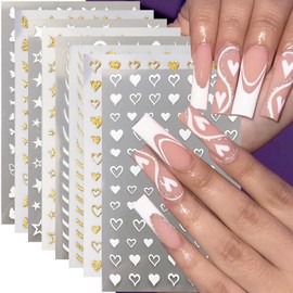 8Sheets Valentine's Day Nail Stickers for Nail Art French Tip Butterfly Star Heart Nail Decals 3D Self-Adhesive Silver Gold Heart Nail Art Stickers Valentine's Day Nail Charms Decoration for Women