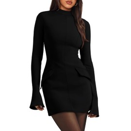 OFEEFAN Early Fall Fashion Fall Dresses for Women 2025 Long Sleeve Black Fitted Dress M