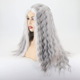 Towarm Loose Wave Grey Wig Long Wavy Highlight White Synthetic Wigs for Women Middle Part Glueless High Temperature Fiber Cosplay Daily Wear Wig (Grey with White)