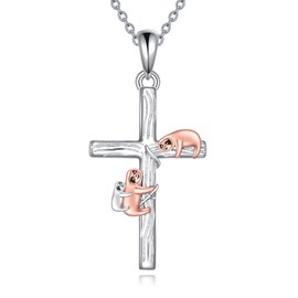 YFN Cross Sloth Necklace For Women Sterling Silver Cross Animal Pendant, Sterling Silver, No Gemstone