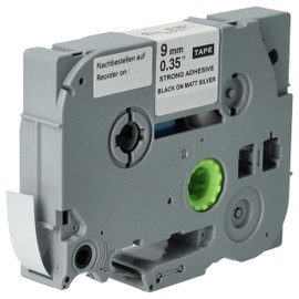 vhbw Schriftband-Kassette kompatibel mit Brother PT GL200, H100LB, H100 Etiketten-Drucker 8m x 9mm Schwarz auf Matt-Silber, Extra Stark, Laminiert