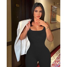 OLCHEE Womens Workout Rompers Jumpsuits Seamless Ribbed Yoga Gym One Piece Sleeveless Square Neck Tank Top Leggings Unitard - Black Large