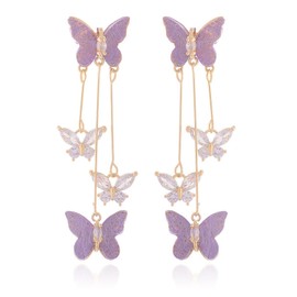 Cute Earrings Purple Butterfly Earrings for Women Gifts Trendy Stuff Crystal Zircon Butterfly Tassel Dangle Purple Earrings Wedding Jewelry Gifts Purple Dress for Woman Outfits