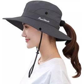 KorhLeoh Women's Outdoor UV-Protection-Foldable Sun-Hats Mesh Wide-Brim Beach Fishing Hat with Ponytail-Hole Grey