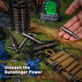 CZYY Rifle Bullet Dice Set - Solid Metal 7 Polyhedral Dice Set with Spinning Container Case & Cartridge Holder Belt - Perfect Role Playing Dice Set for DND, Tabletop Games (Silver)