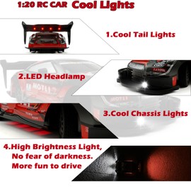 HTURCCOP 1:20 RC Drift Car 2.4GHz 4WD High Speed Drift Remote Control Cars Vehicle with LED Lights and Drifting Tires Batteries x2 Racing Sport Toy Cars for Adults Boys Girls Kids (Red)