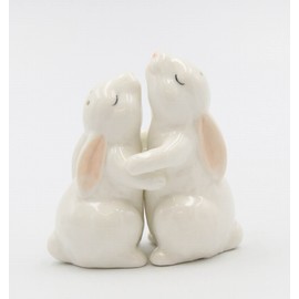 Fine Porcelain Spring Easter Hugging Bunny Rabbit Salt & Pepper Shakers Set, 3-5/8 H