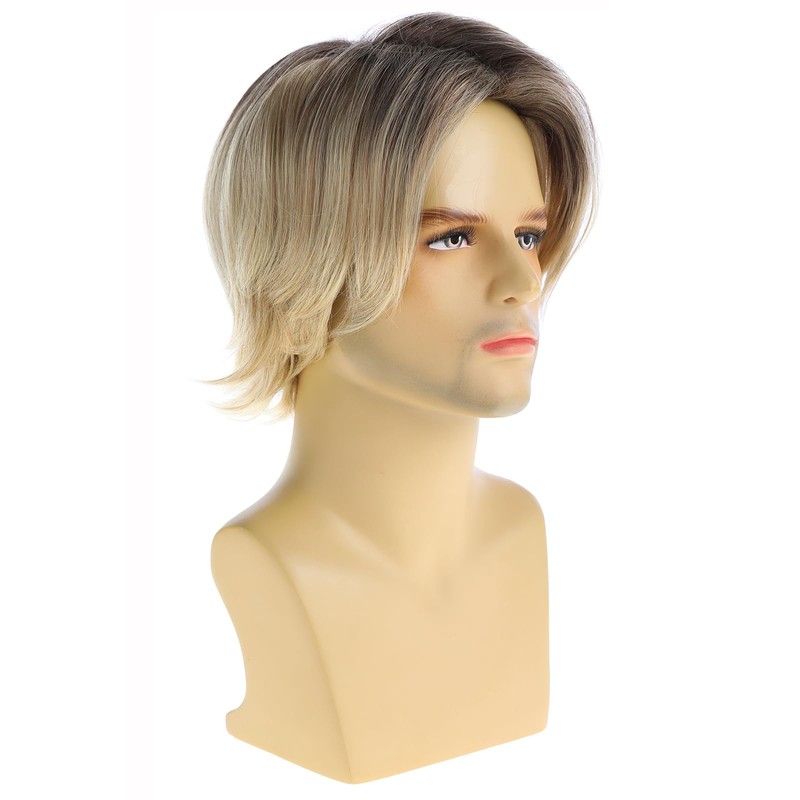 RicHyun Mens Short Layered Blonde Wig Dark Roots Synthetic Halloween