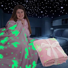 FiNeWaY Glow in The Dark Throw Blanket Flannel Moon Star Unicorn Gifts for Kids Girls Boys Adults Bedroom Cosy Warm Super Soft Plush Fleece Faux Fur (Unicorn Pink)