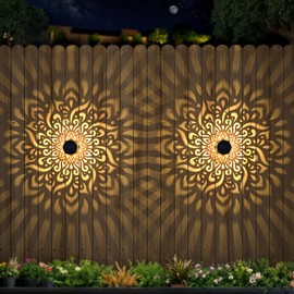4 Pack Large Solar Fence Lights Metal Solar Powered Outdoor Wall Deck Step Lights Mandala Theme Waterproof Fence Light for Garden Post Patio Backyard Yard Decor, Gardening Gifts for Women Mom Grandma