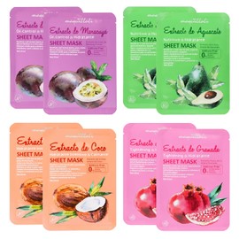 Paquete Exclusivo Completo de 8 Mascarillas Faciales Sheet Tela, Extracto Natural de Fruta Aguacate Granada Coco y Maracuya, Aditivos Free, Skin Cuidado Mascarilla
