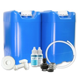 5-Gallon Stackable Water Tanks for Long-Term Emergency Storage | Complete Water Storage Kit for Survival with Lids, Spigot, Water Treatment, Hose & Faucet Attachment (2 Tanks (10 Gallons))