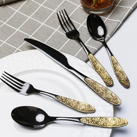 TWEE Black Gold Silverware Set for 4 Unique 18/10 Stainless Steel 20 Flatware Set Beautifully Embossed Floral Pattern Mirror Polished Kitchen Utensils Set for Home Restaurant Tableware