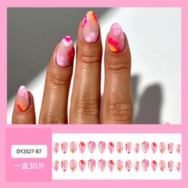 Medium Length Press on Nails Almond Fake Nails Glitter Pink False Nails Flower Reusable Acrylic Nails Glossy Full Cover Stick on Nails with Design Press ons Nails for Women 24 Pcs