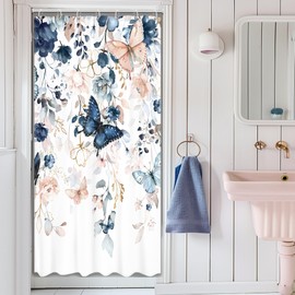 Ufeela Small Stall Blue Pink Shower Curtain 36Wx72L Inch RV Narrow Floral Butterfly Spring Summer Plant Botanic Natural Gold Green Leaves Bathroom Set Girl Bath Curtain Bathtub Accessories Home Decor